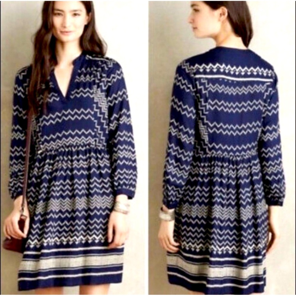 NWOT Anthropologie Holding Horses Blue Patterned Empire Waist Long Sleeve Dress